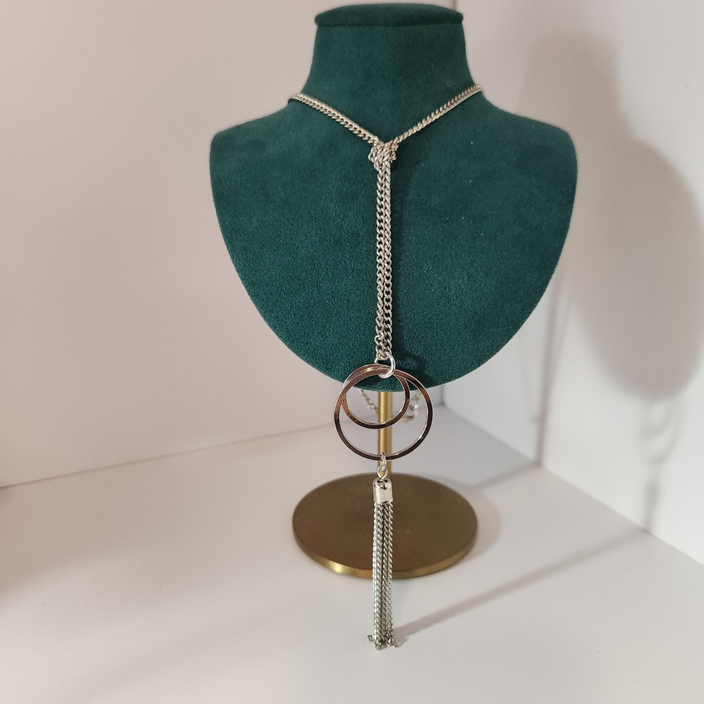 Silver Tone Double Circle Lariat Tassel‎ Necklace Modern Geometric Y-Necklace